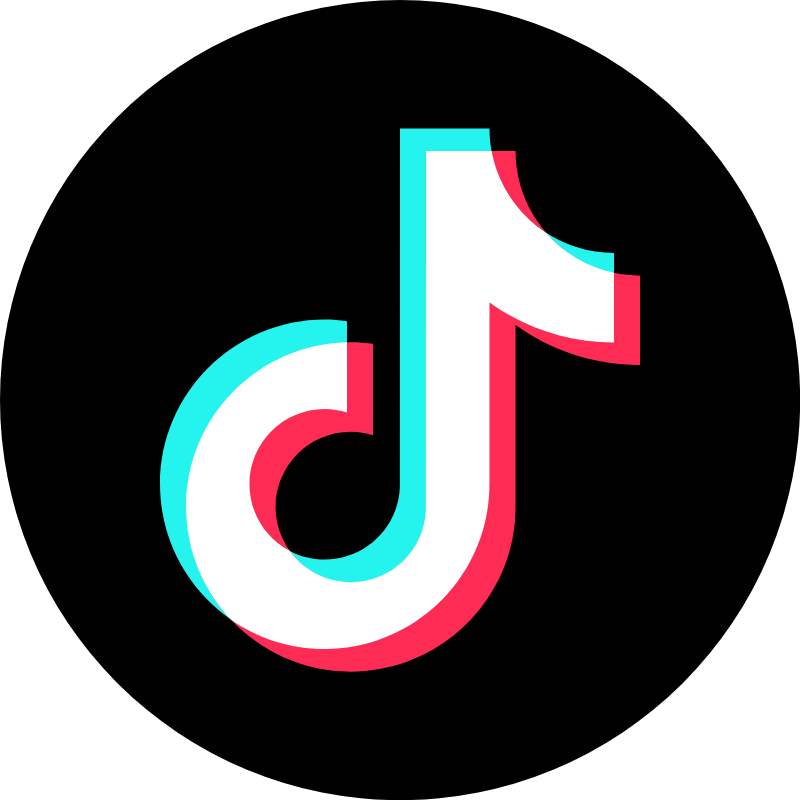 Mustalla taustalla tyylitelty TikTok-logo, jossa sininen ja punainen kaareva nuoli sekä valkoinen nuotti.
